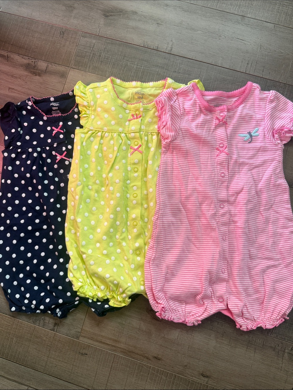 Carter's Baby Girl Polka Dot & Stripe Rompers - Navy, Yellow, Pink